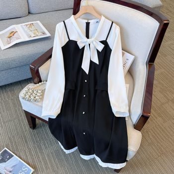 LH7 Women's Dress Spliced Tie Mid-Length Plus Skirt 2023 Autumn New Style