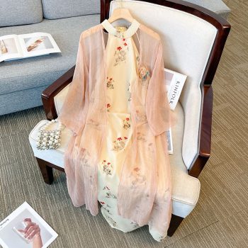LH10 women's shawl two-piece set 2023 spring and summer new style fat mm Chinese style improved cheongsam dress